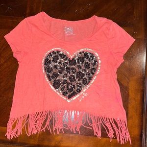 Justice sequin heart top T-shirt fringes Sz 20